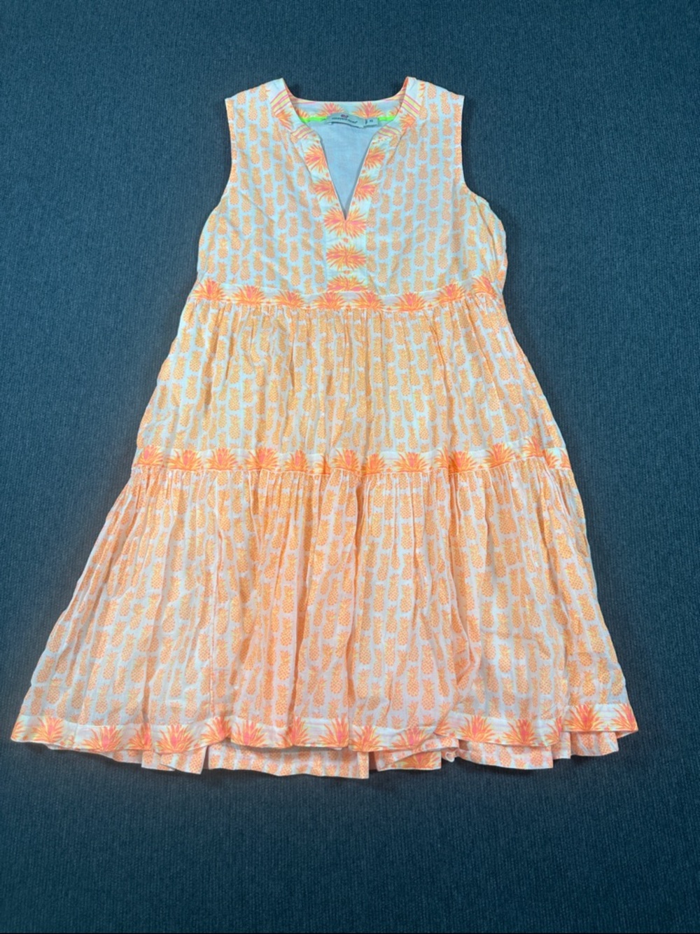 Vineyard Vines Sleeveless Dress Pineapple Print Lined Tiered Orange Pink XS